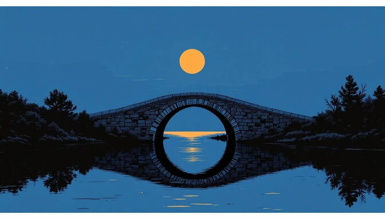 A stone arch bridge reflects on still water to form a full circle under a rising moon