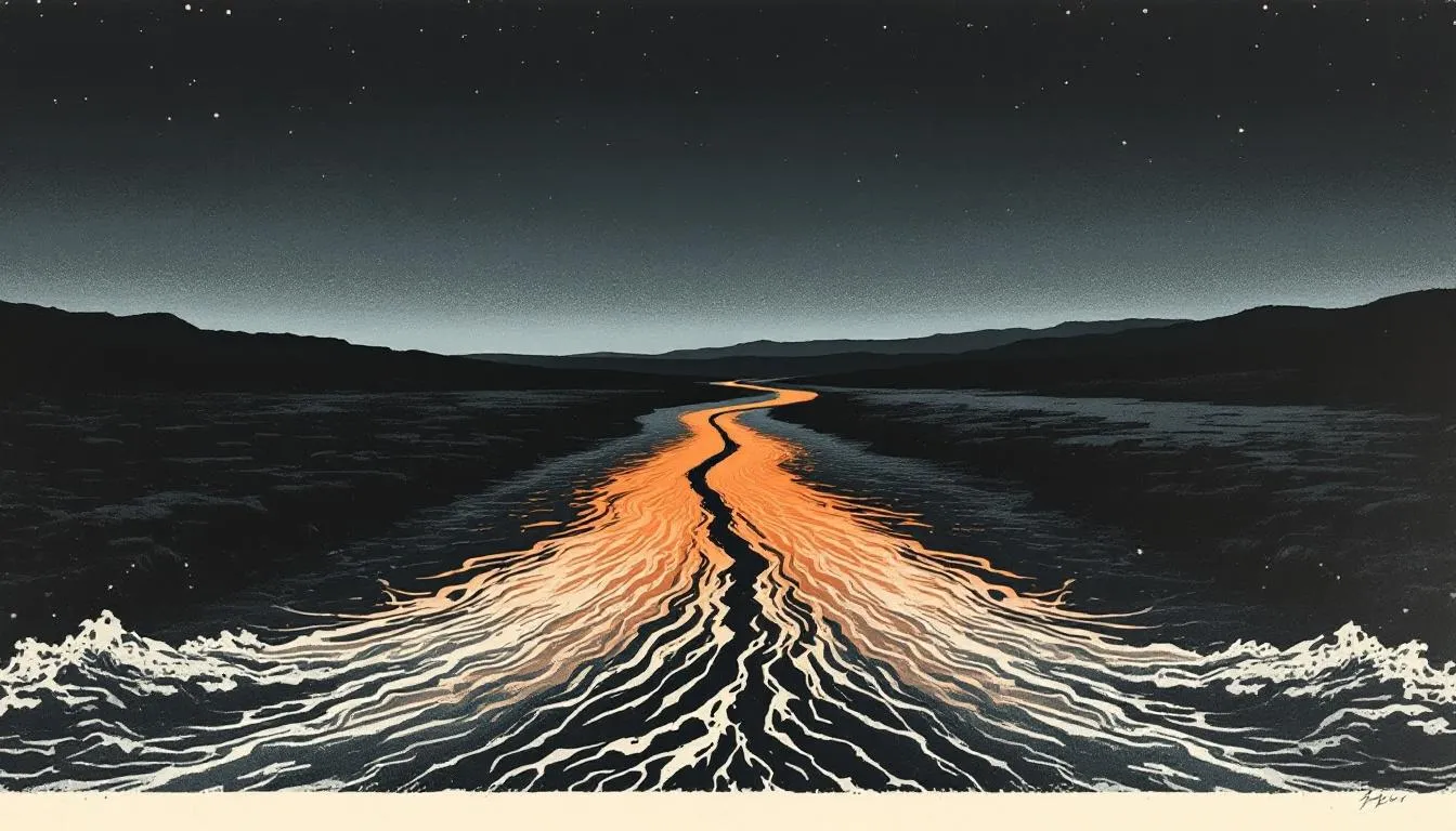 A glowing orange river winds through dark cracked flatland under a starlit night sky