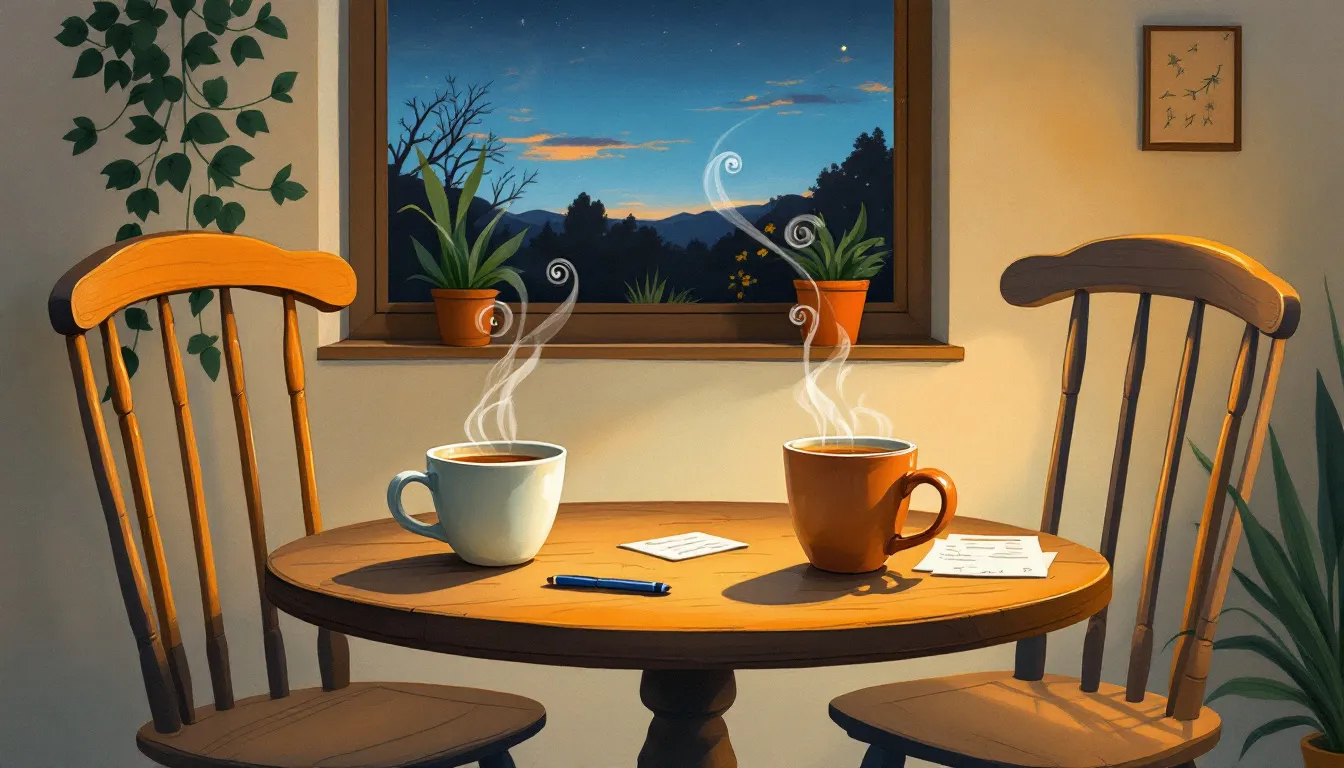 Two mismatched mugs of tea, one pale and one terracotta, sitting side by side on a round wooden table in a warmly lit kitchen at dusk, steam rising and mingling above them