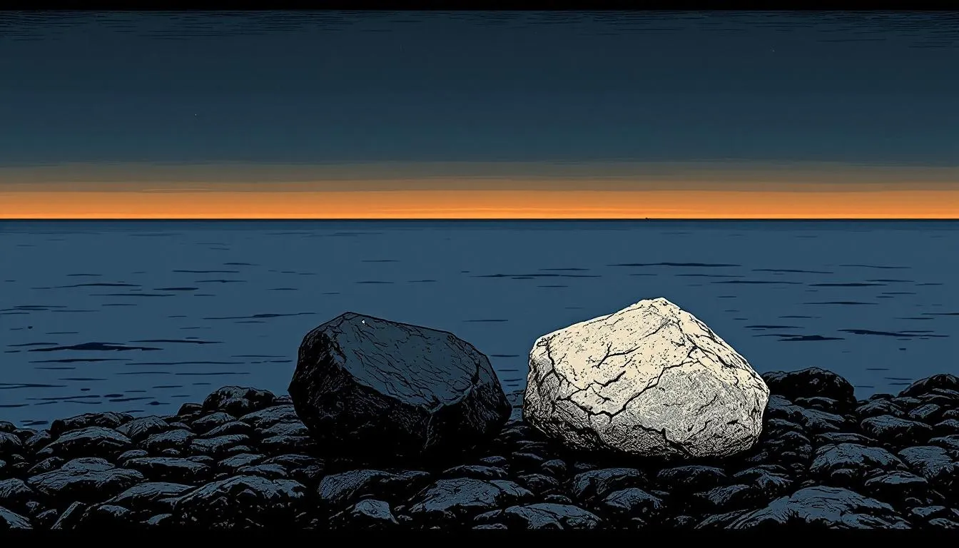 One dark and one pale boulder side by side on a stony shore under an orange dusk horizon