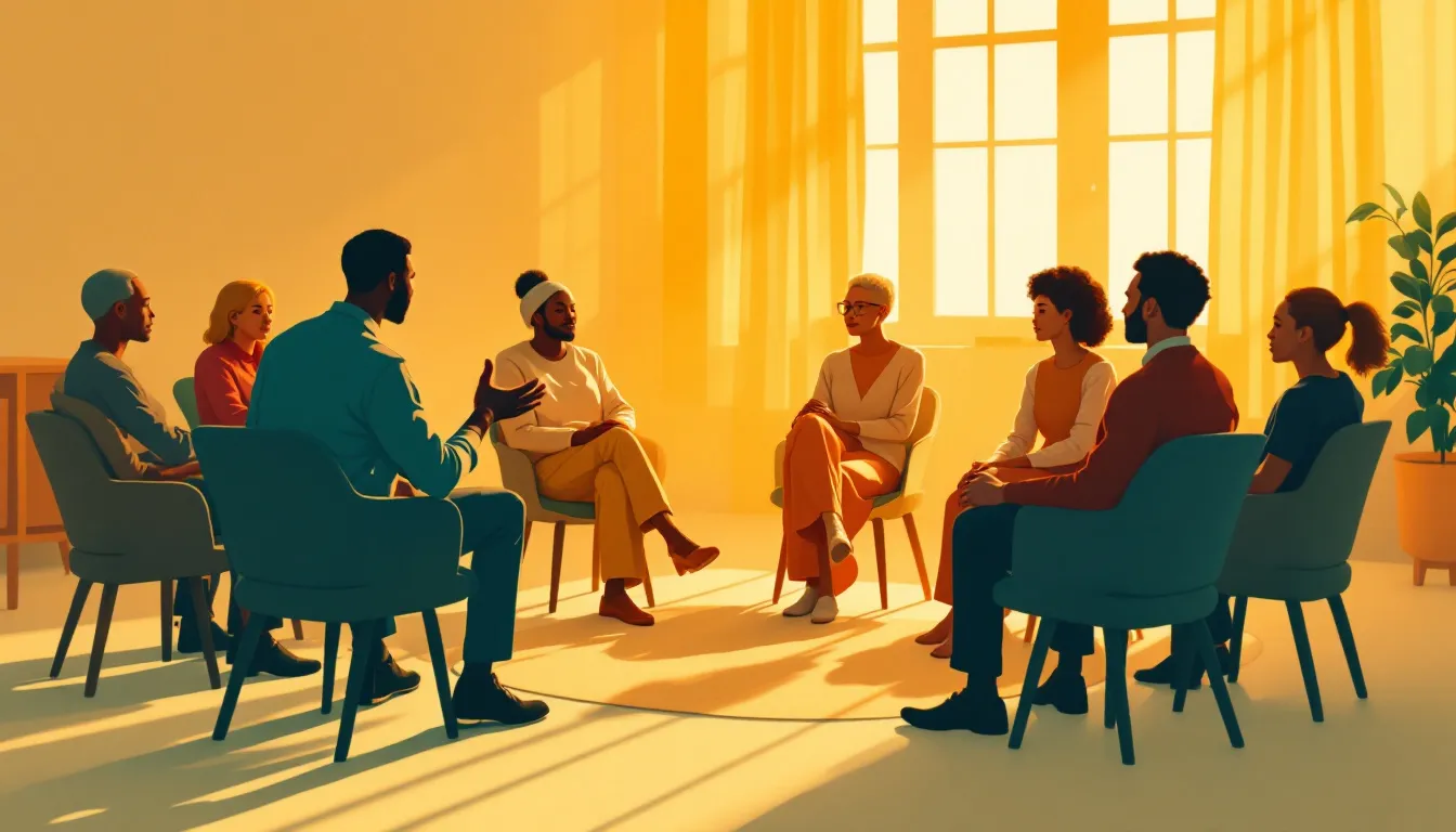 A risograph-style illustration of a circle of seated figures of varied skin tones in a warm community room, one leaning forward with open hands while afternoon light casts long shadows through tall windows