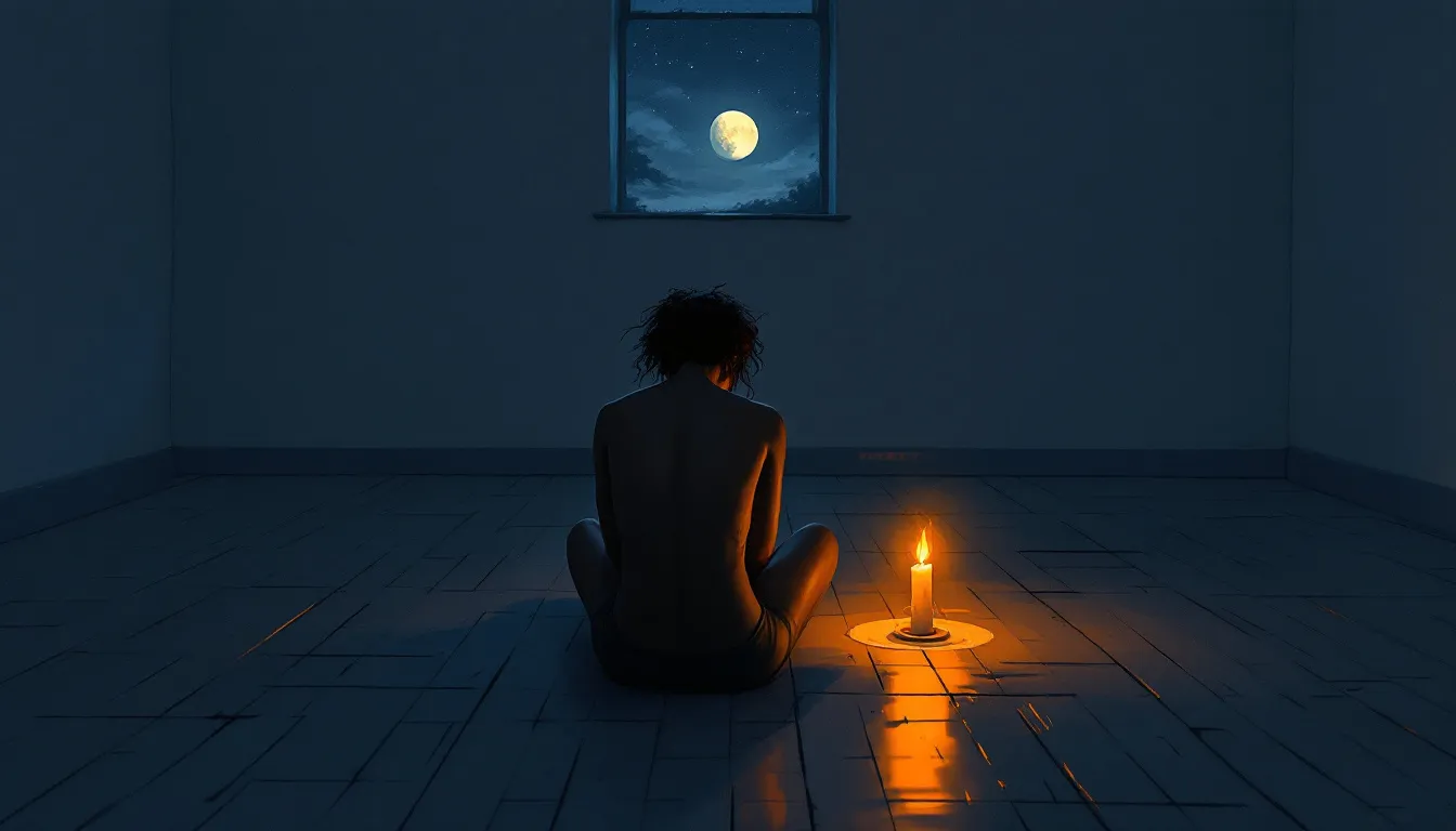A lone figure with medium-brown skin sits on a wooden floor, back to the viewer, beside a single burning candle whose amber light pools softly around them, while a faint half-moon glows through a small window in the dark blue night beyond