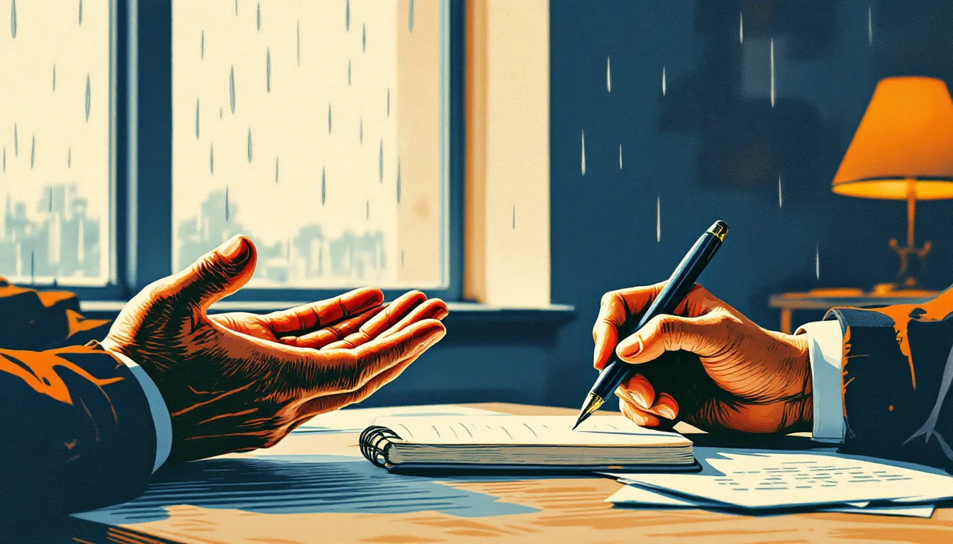 Linocut illustration of two hands resting open on a desk beside a notebook, a pen held mid-pause, with a rain-streaked window visible in the soft amber-lit background