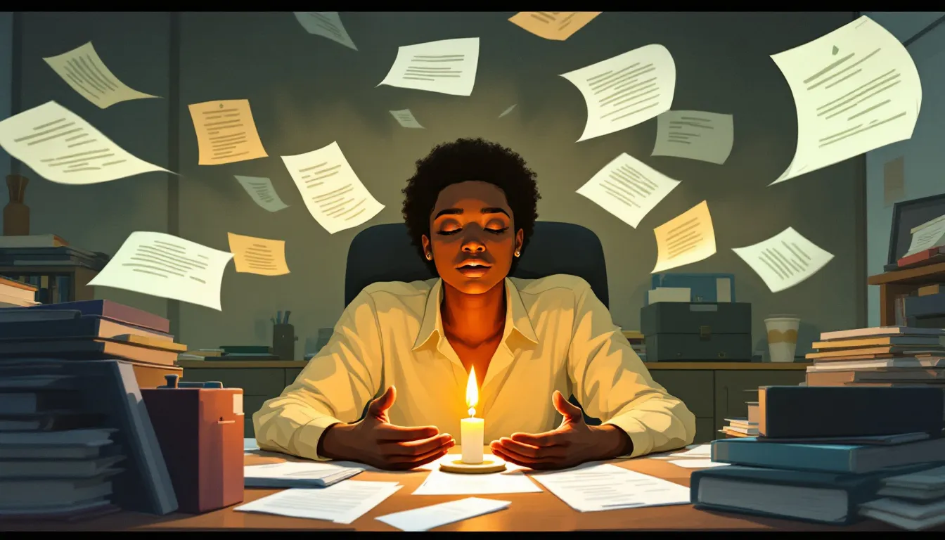 A person with warm brown skin sits with open hands at a cluttered desk as papers swirl around them, a single candle flame burning steadily at the center