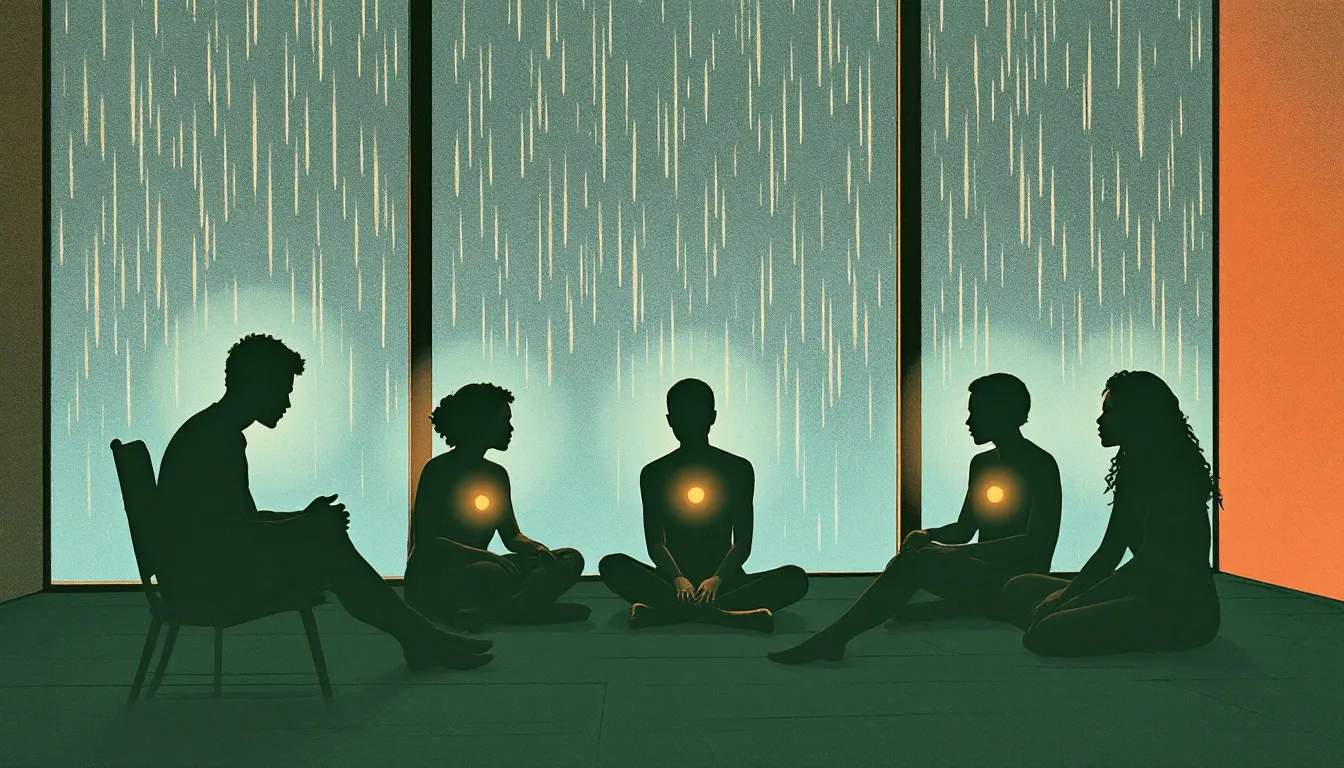 Risograph illustration of silhouetted figures seated in a circle, leaning inward with hands open and warm light glowing from their chests, a single empty chair set slightly apart in the foreground