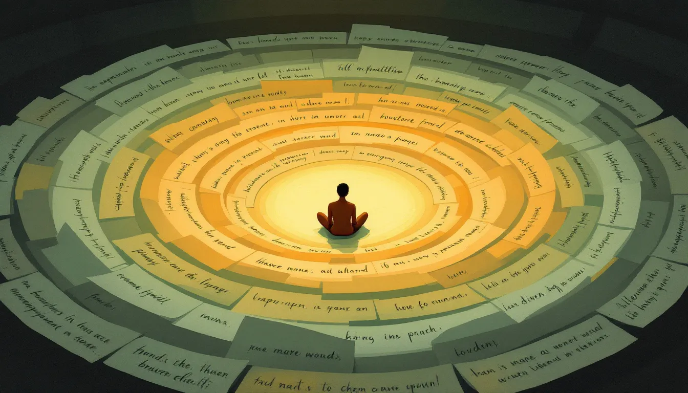 A figure with warm brown skin sits cross-legged on a dimly lit floor, seen from behind, surrounded by concentric rings of translucent paper sheets illuminated by amber candlelight at the center