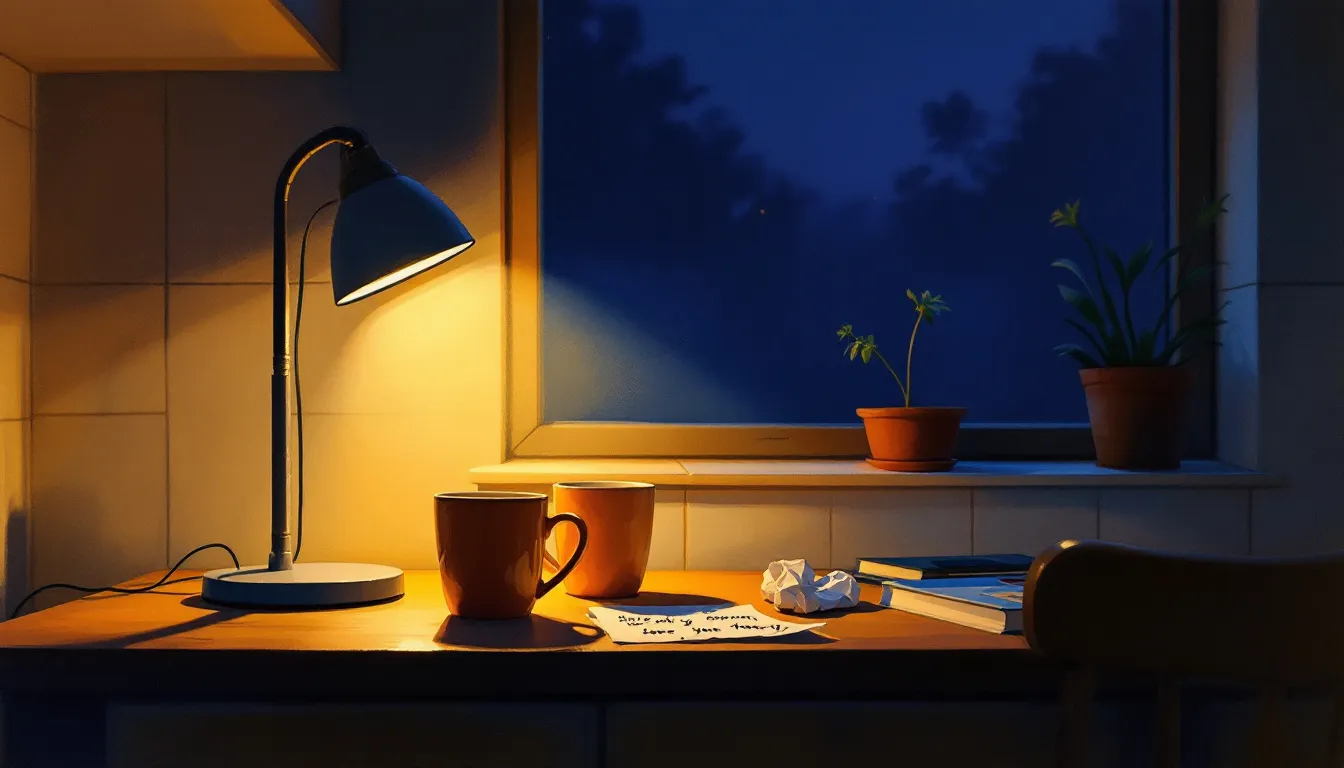 A gouache illustration of a kitchen table at night with two empty mugs, a crumpled half-written note, and a dark blue window framing a potted plant, lit by a single warm amber lamp