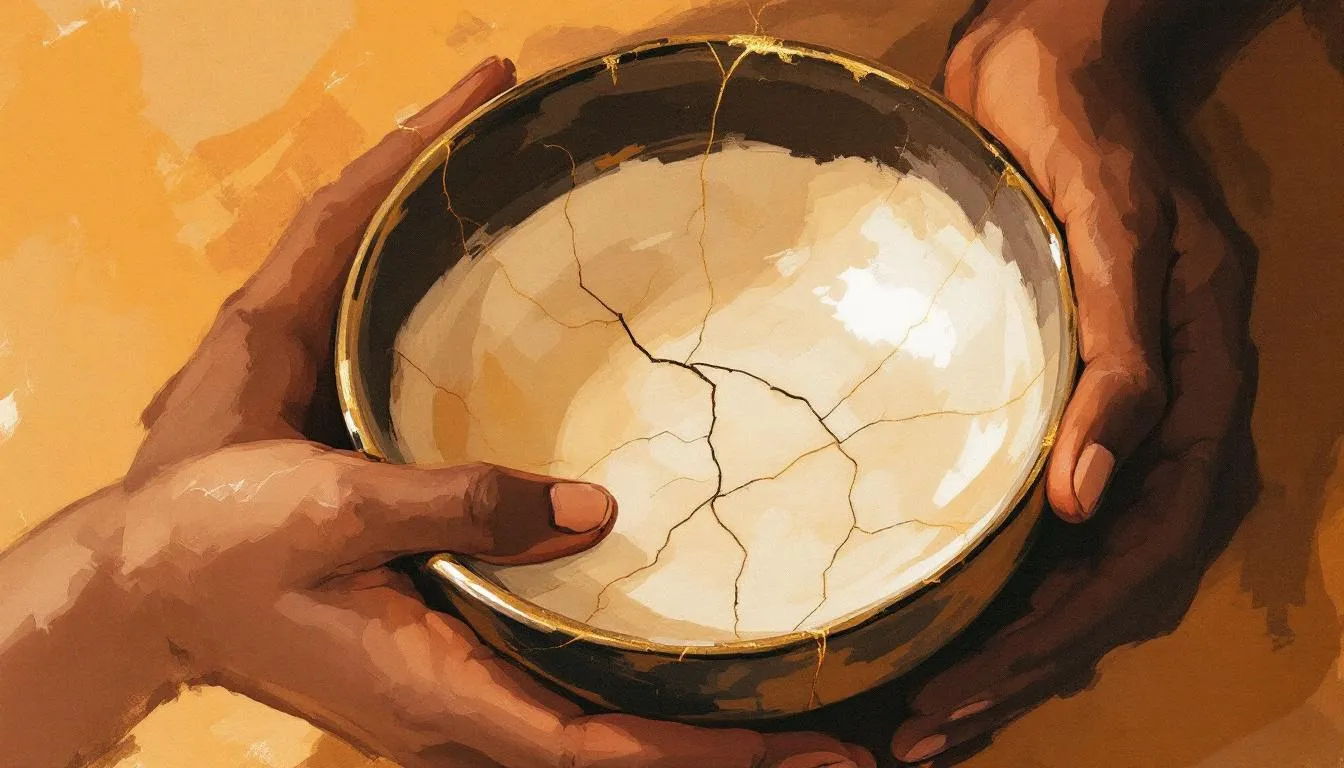Two pairs of hands cradling a cracked bowl mended with gold against a warm background