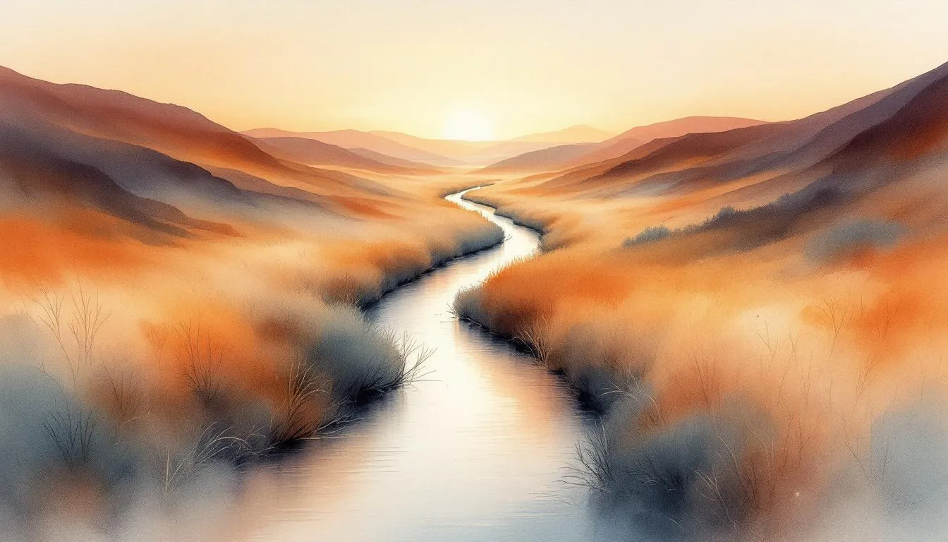 A soft watercolor of a river winding through autumn hills toward a setting sun