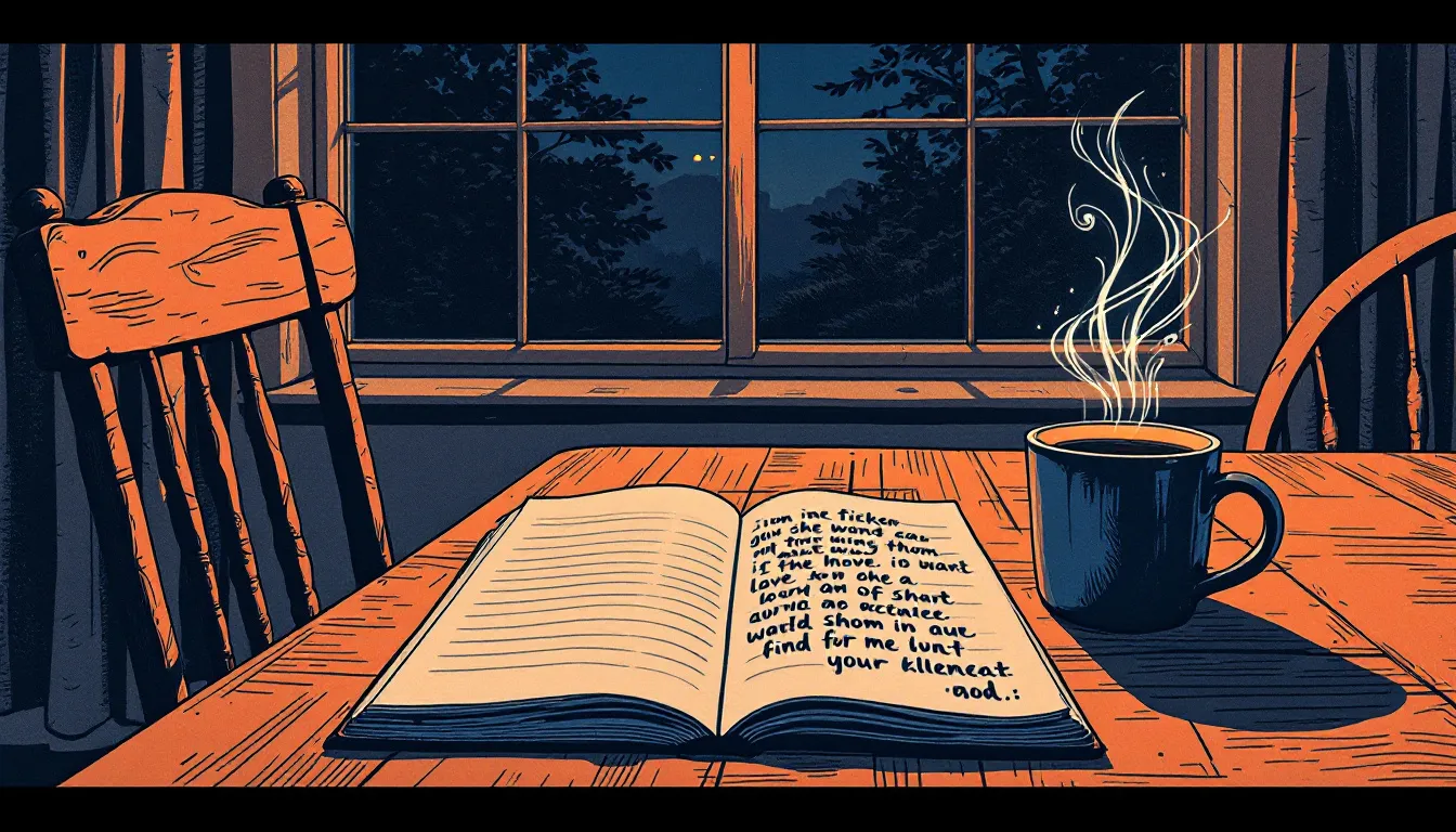 A risograph-style kitchen table at dusk with an open notebook, a mug of steaming tea, and soft amber window light filling an otherwise quiet, empty room
