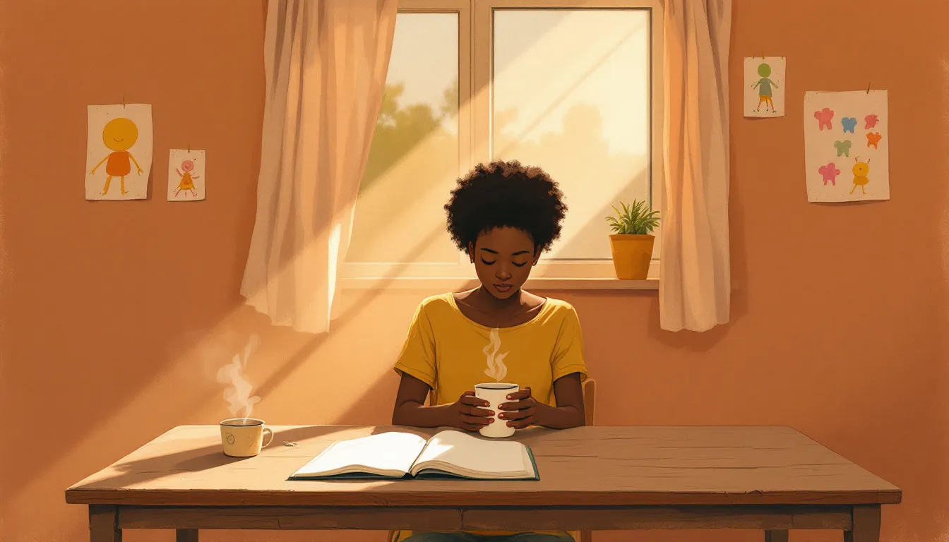A dark-skinned adult sits alone at a kitchen table with hands cupped around a mug, children's drawings on the wall and an open notebook nearby, in warm late-afternoon light