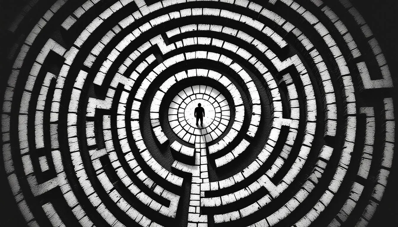 Aerial view of a small figure standing in a black-and-white circular brick maze