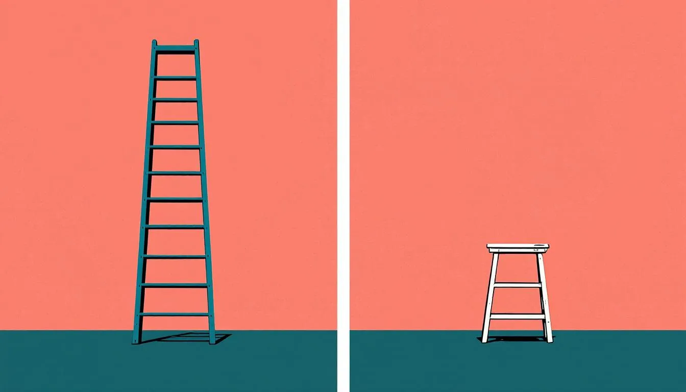 Split image contrasting a tall ladder on the left with a short step-stool on the right