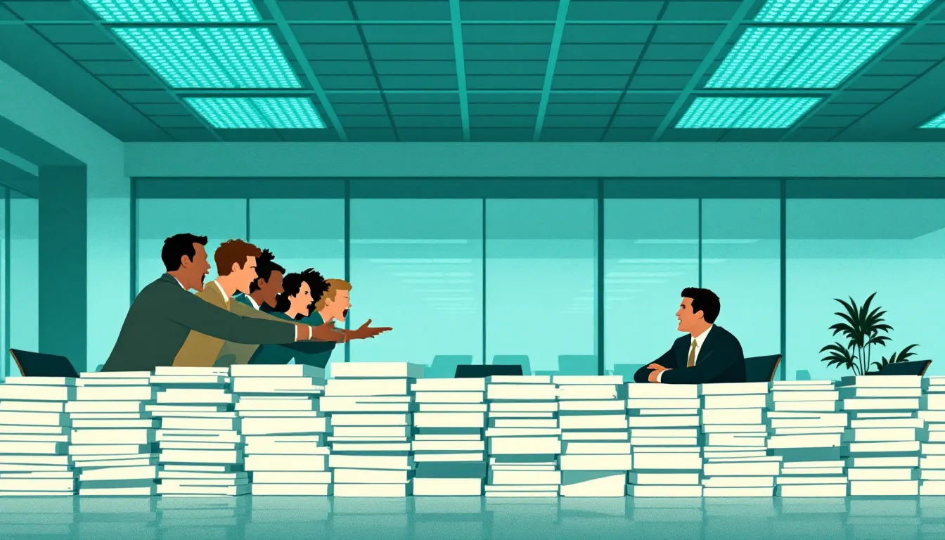 Risograph-style office interior with silhouetted figures on either side of a wall built from stacked binders and org-chart documents, separated by institutional paper under flat teal and amber lighting