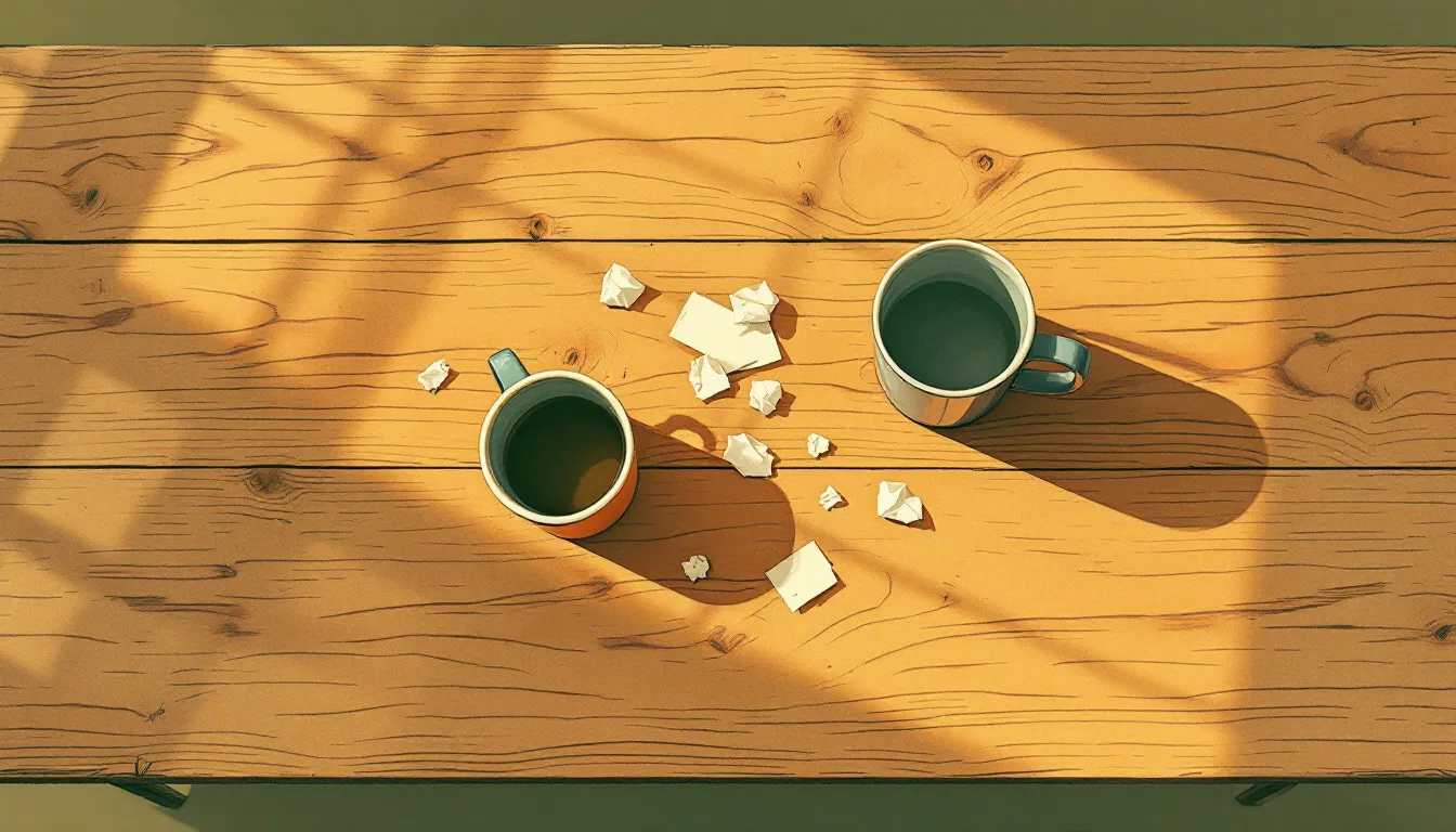 Risograph illustration of two mismatched coffee mugs, one terracotta and one slate blue, sitting far apart on a worn wooden table with crumpled notes between them in warm morning light