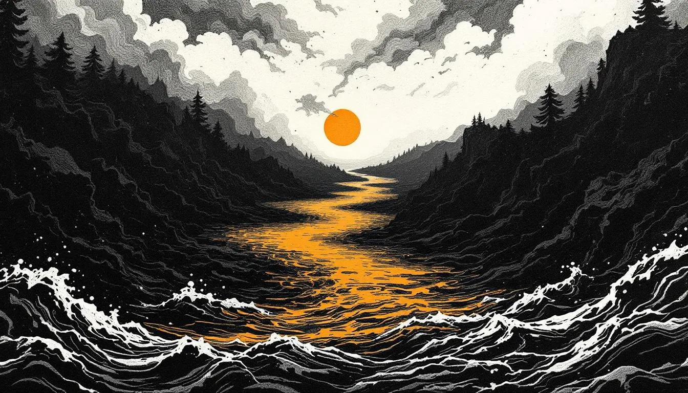 Woodcut-style river of orange light winding between dark forested hills under an orange sun