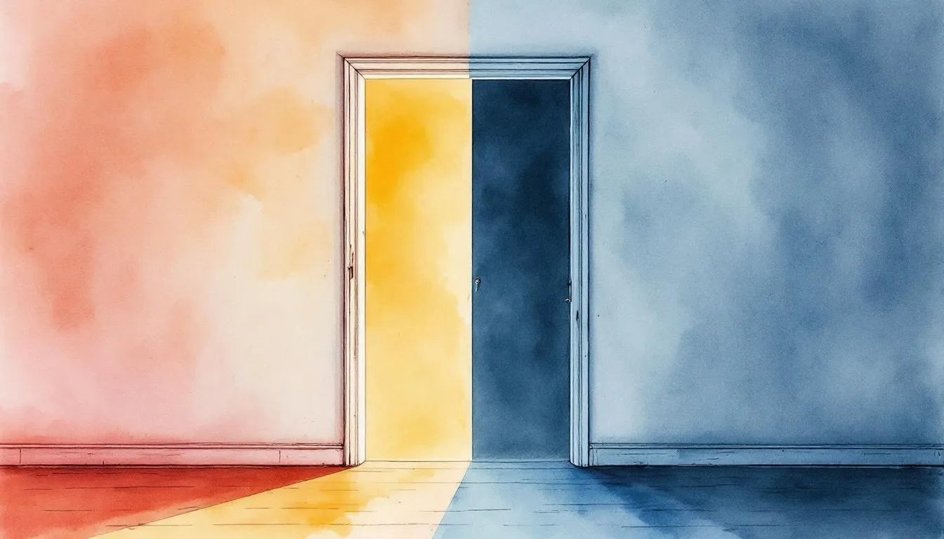 Watercolor doorway dividing a warm pink-and-yellow wall from a cool blue one