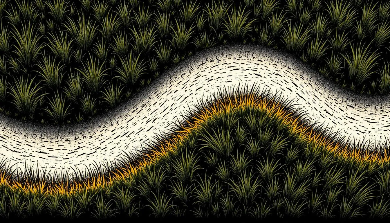 A pale winding path cutting through dense dark grass in a stylized aerial view