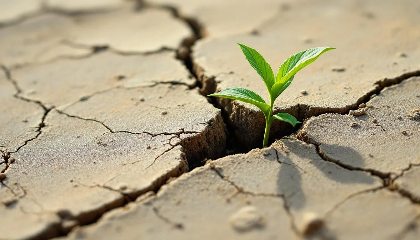 A bright green seedling growing from a deep crack in sun-baked cracked earth