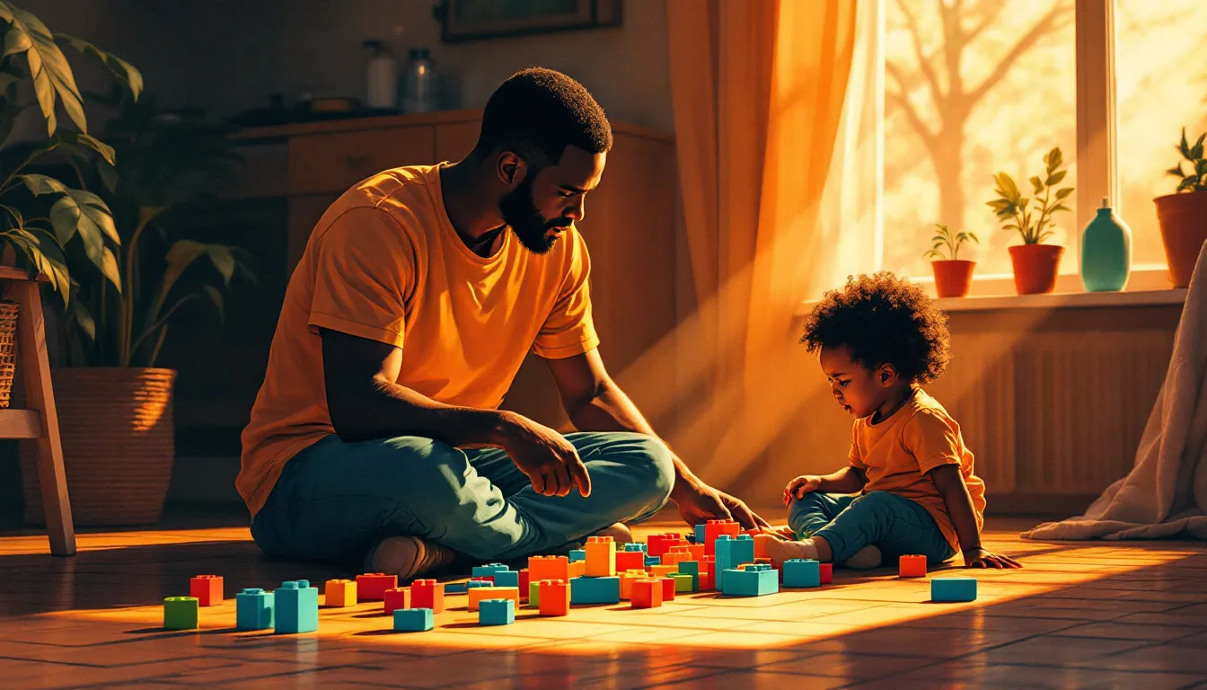 A dark-medium-skinned adult sits beside a child on a wooden kitchen floor, both looking at scattered colorful building blocks in warm amber afternoon light, rendered in risograph two-color print style with burnt sienna and teal ink