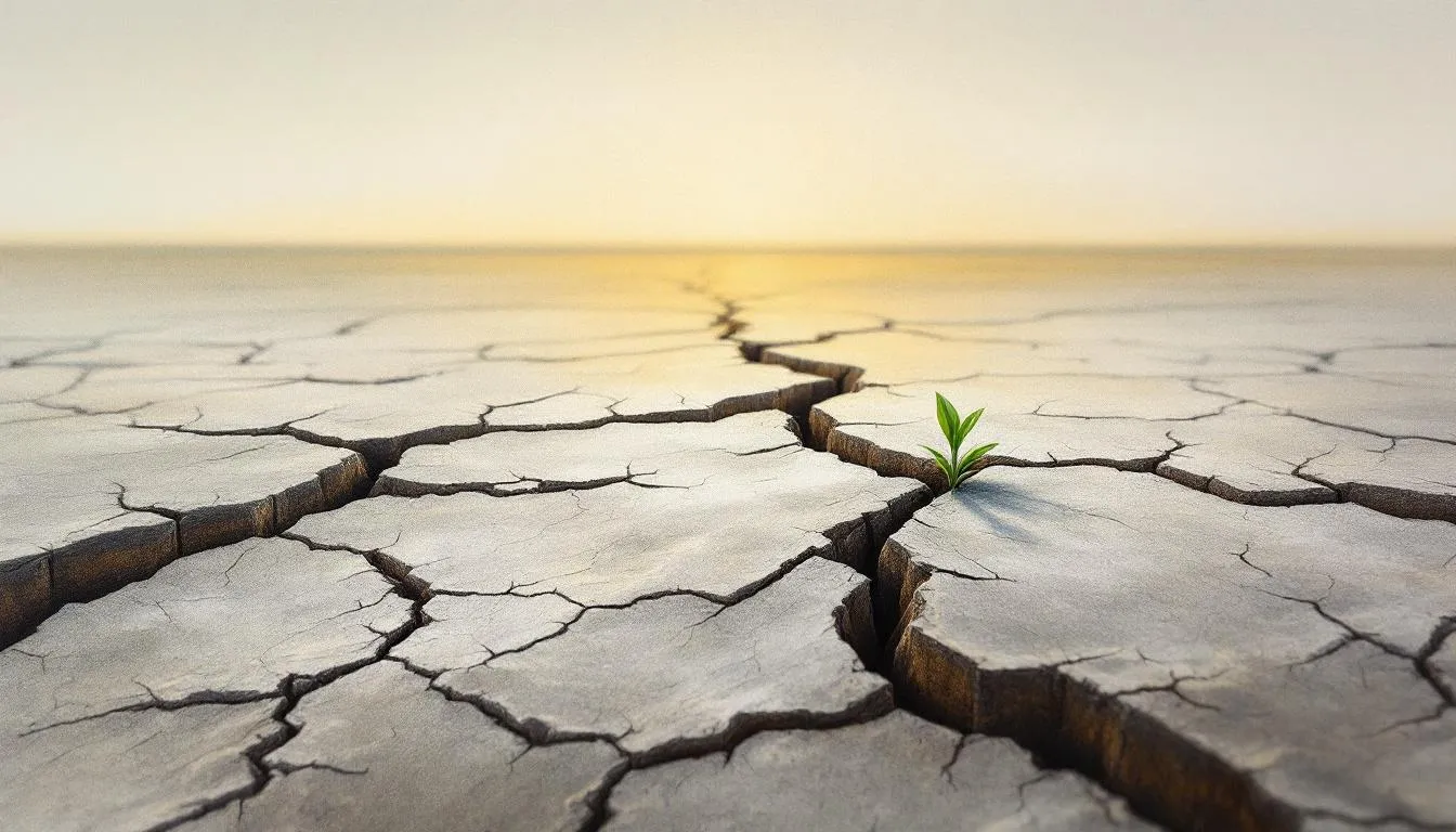 A single green seedling sprouting from a deep crack in dry, parched earth at dusk