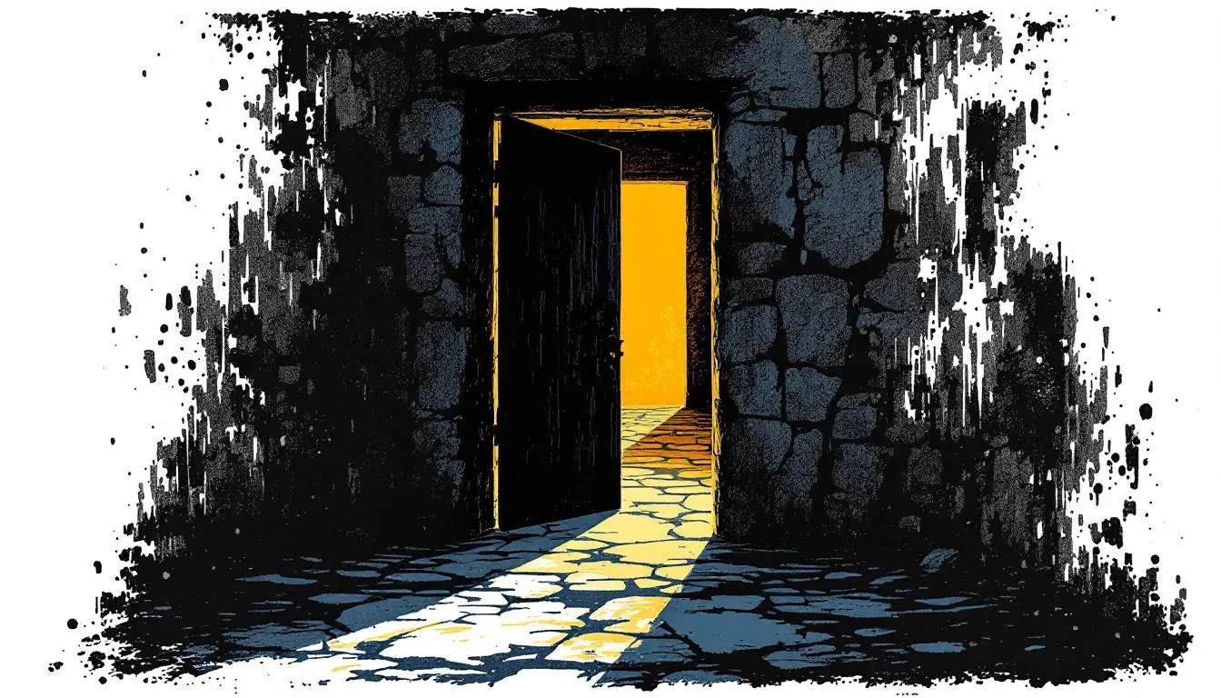 Ink-style open door in a rough stone wall, golden light spilling across the floor