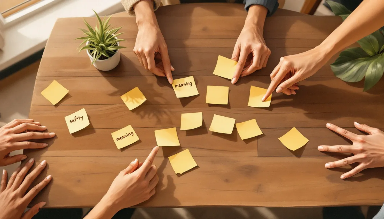 Bird's-eye gouache illustration of three sets of hands with varied brown and golden skin tones arranging sticky notes labeled with words like 'safety' and 'meaning' on a warm wooden table beside a small potted plant
