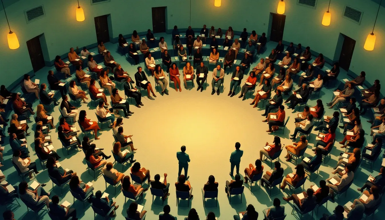 Bird's-eye gouache illustration of silhouetted figures seated in concentric rings inside a circular hall lit by warm amber and teal pendant lamps