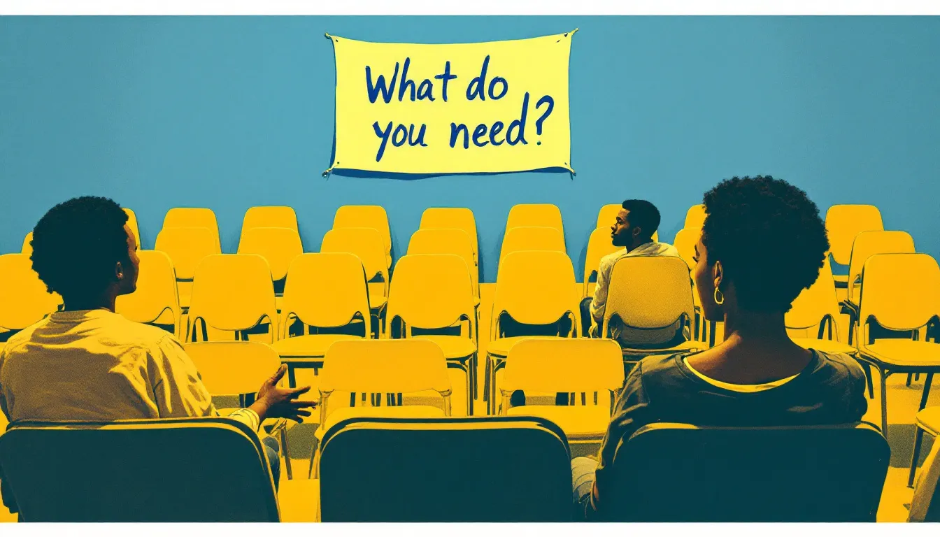 A risograph-style illustration of people seated in a circle at a community meeting, one figure leaning forward with open palms and another listening in profile, a hand-lettered banner reading 'What do you need?' on the wall behind them