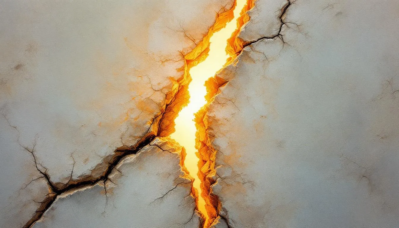 A glowing fissure of orange light splits cracked pale stone diagonally