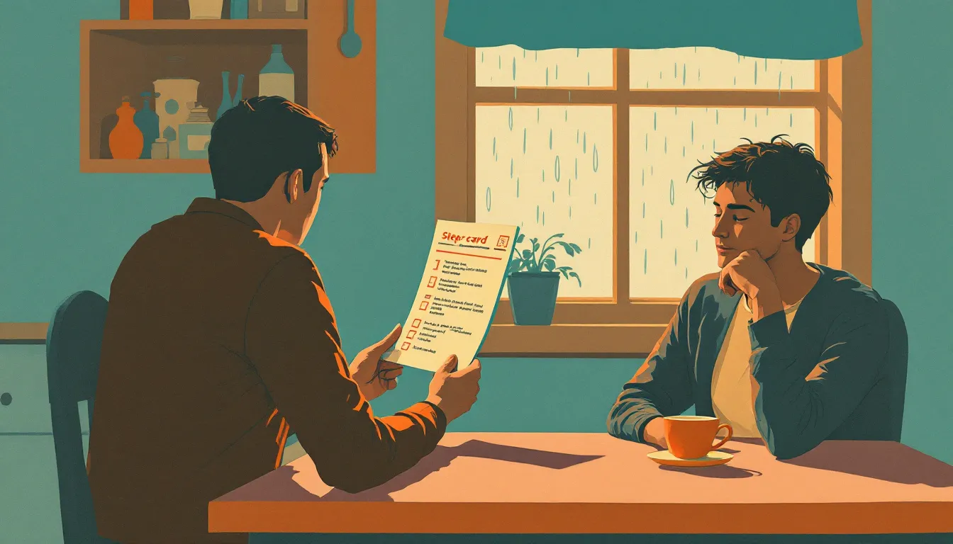 Risograph-style illustration of a person studying a laminated checklist card at a kitchen table while another person looks away toward a rain-streaked window