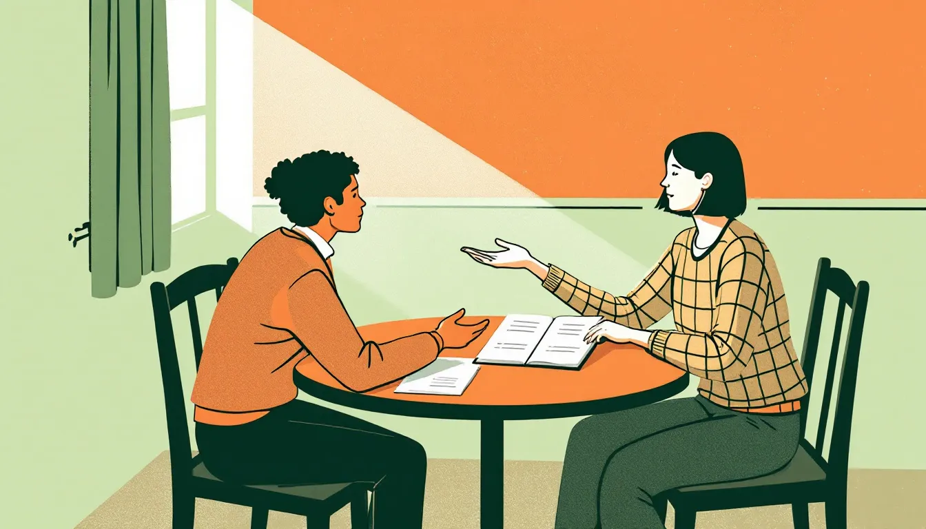 Two figures sit at a round table in a warm interior, one holding an open notebook and the other extending an open palm in a gentle stopping gesture