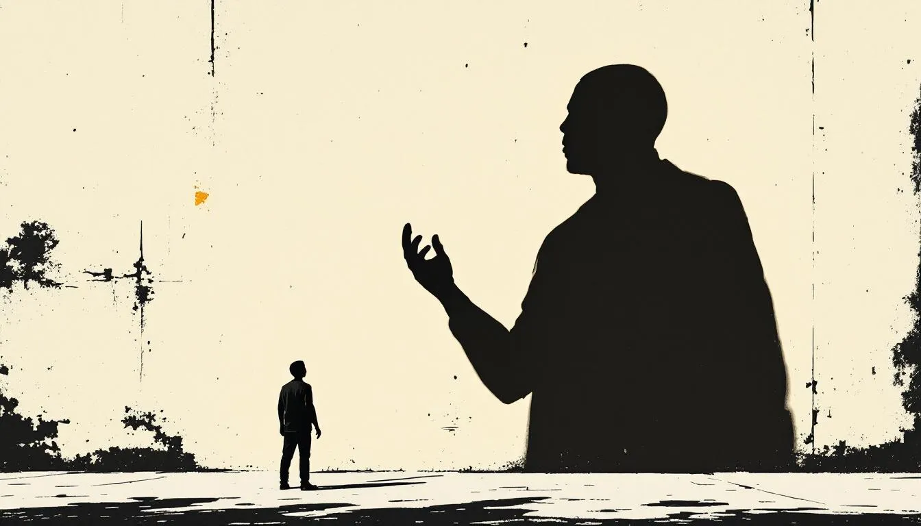 A small figure faces the looming shadow of a gesturing person on a pale wall