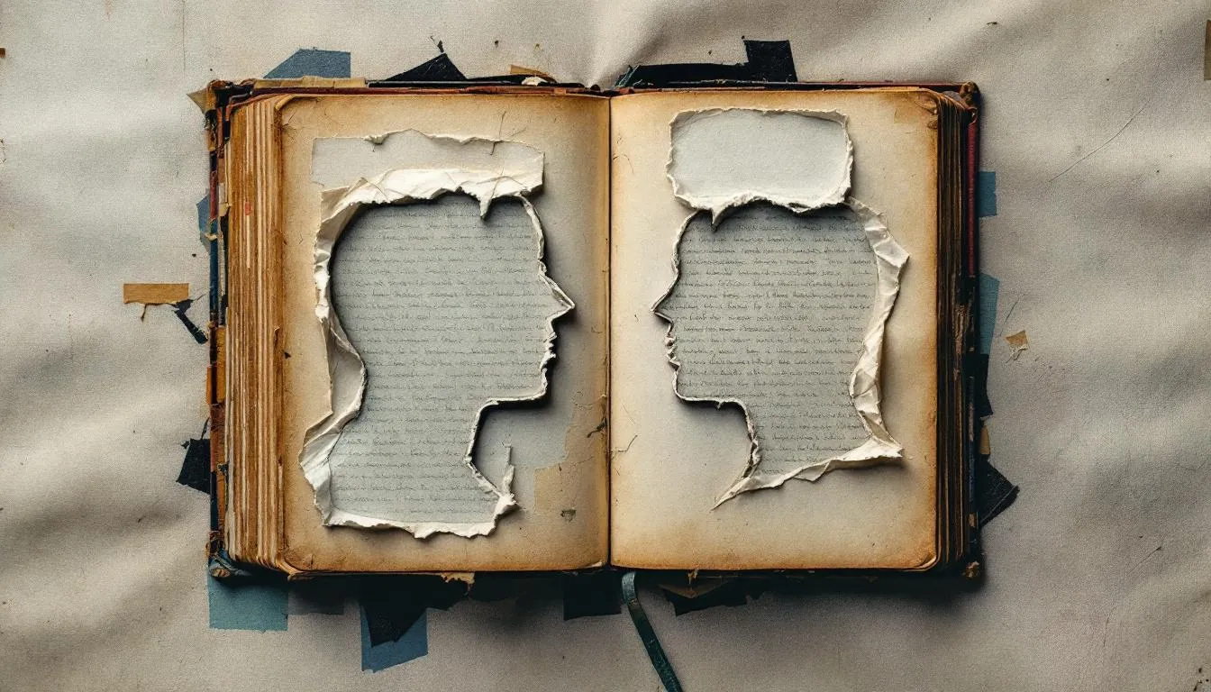 An open antique book with two facing head silhouettes cut from its written pages