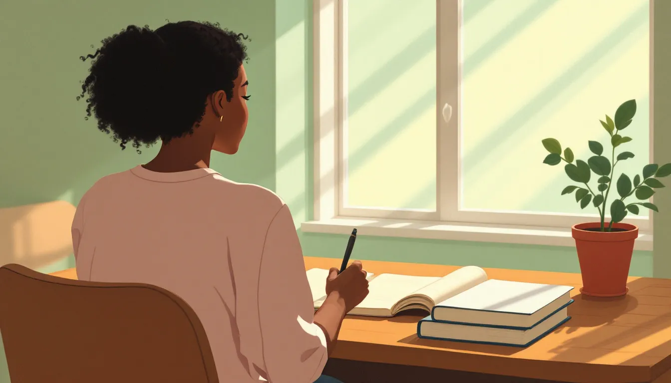 A woman seen from behind sits at a wooden desk by a tall window, writing in an open notebook beside two books, one worn and one pristine, in soft afternoon light