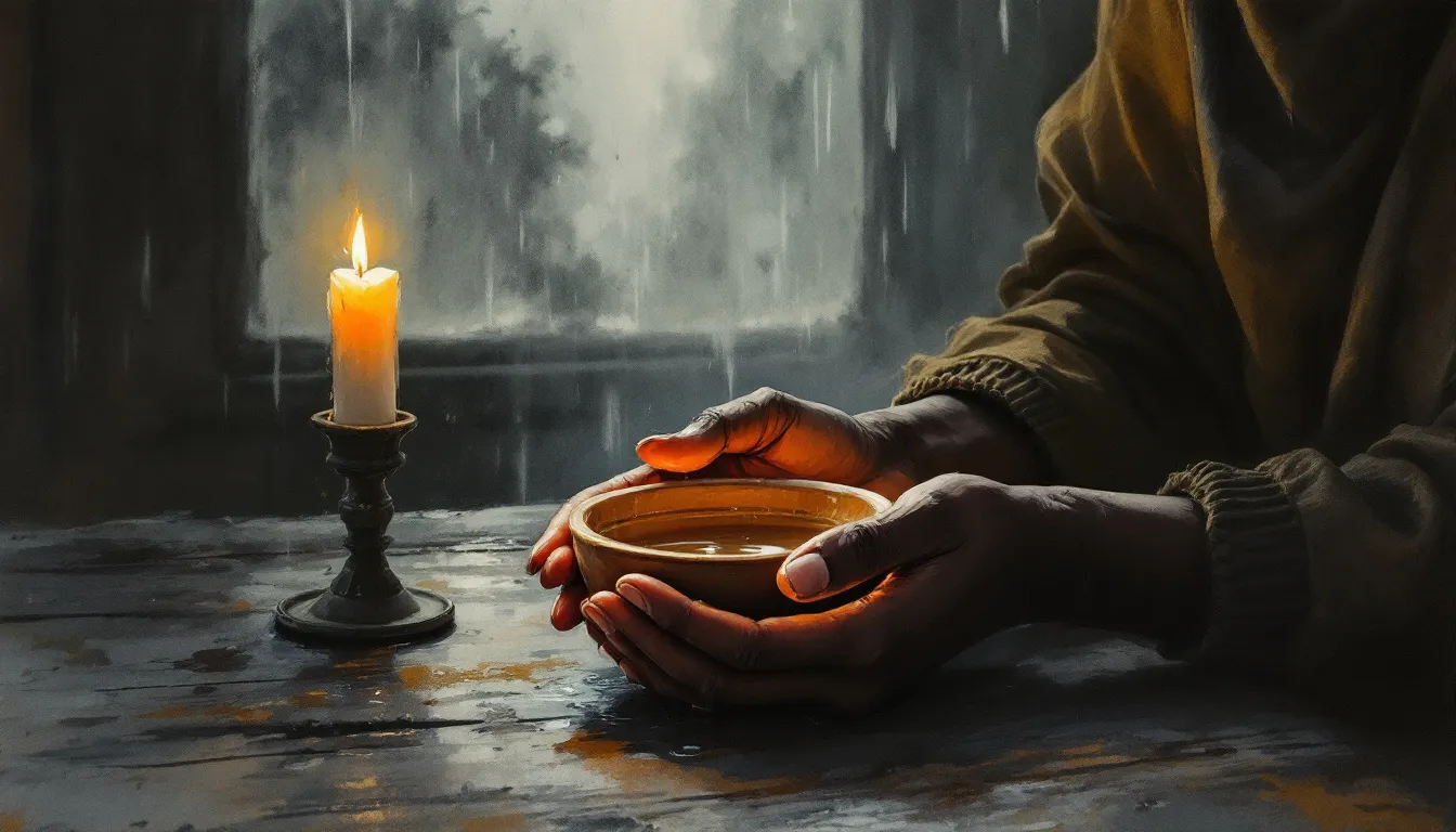 A dark-skinned woman's hands cradle a simple clay bowl on a worn wooden table, with soft grey wash light filtering through a rain-streaked window and a candle flame reflected in the bowl's still water