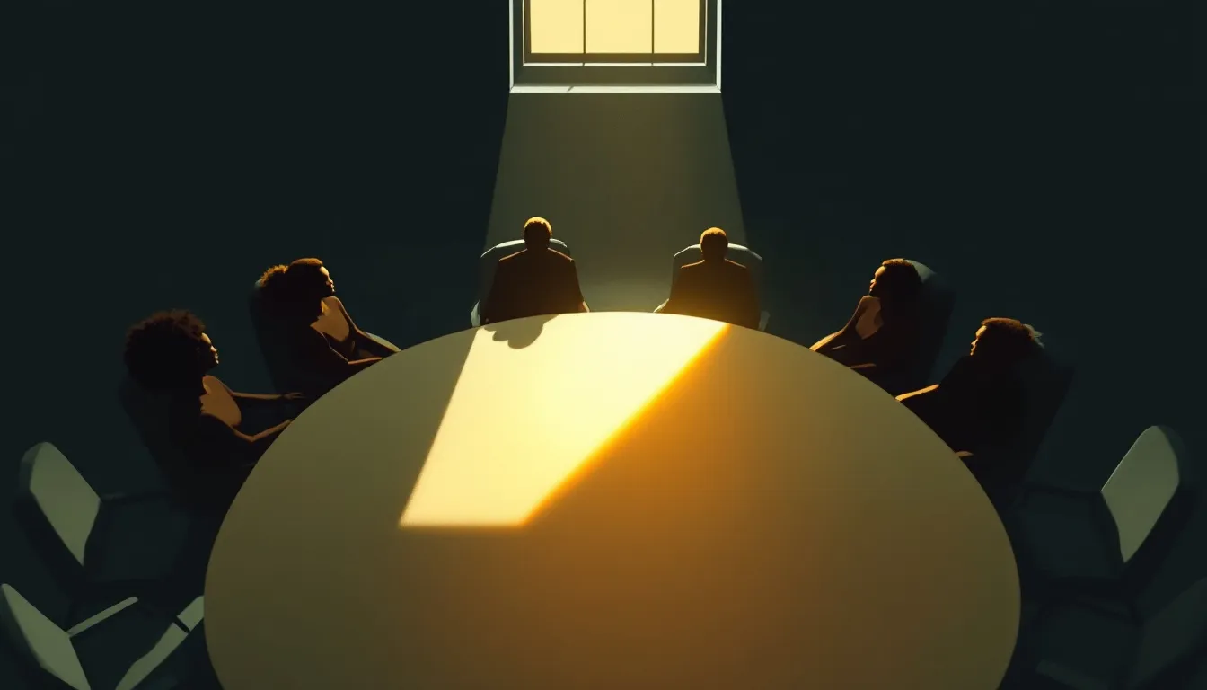 A gouache illustration of a large oval boardroom table viewed from above, with silhouettes of people with warm brown skin tones seated at one end in amber light while the opposite chairs sit empty in shadow, a diagonal beam of light cutting across the surface