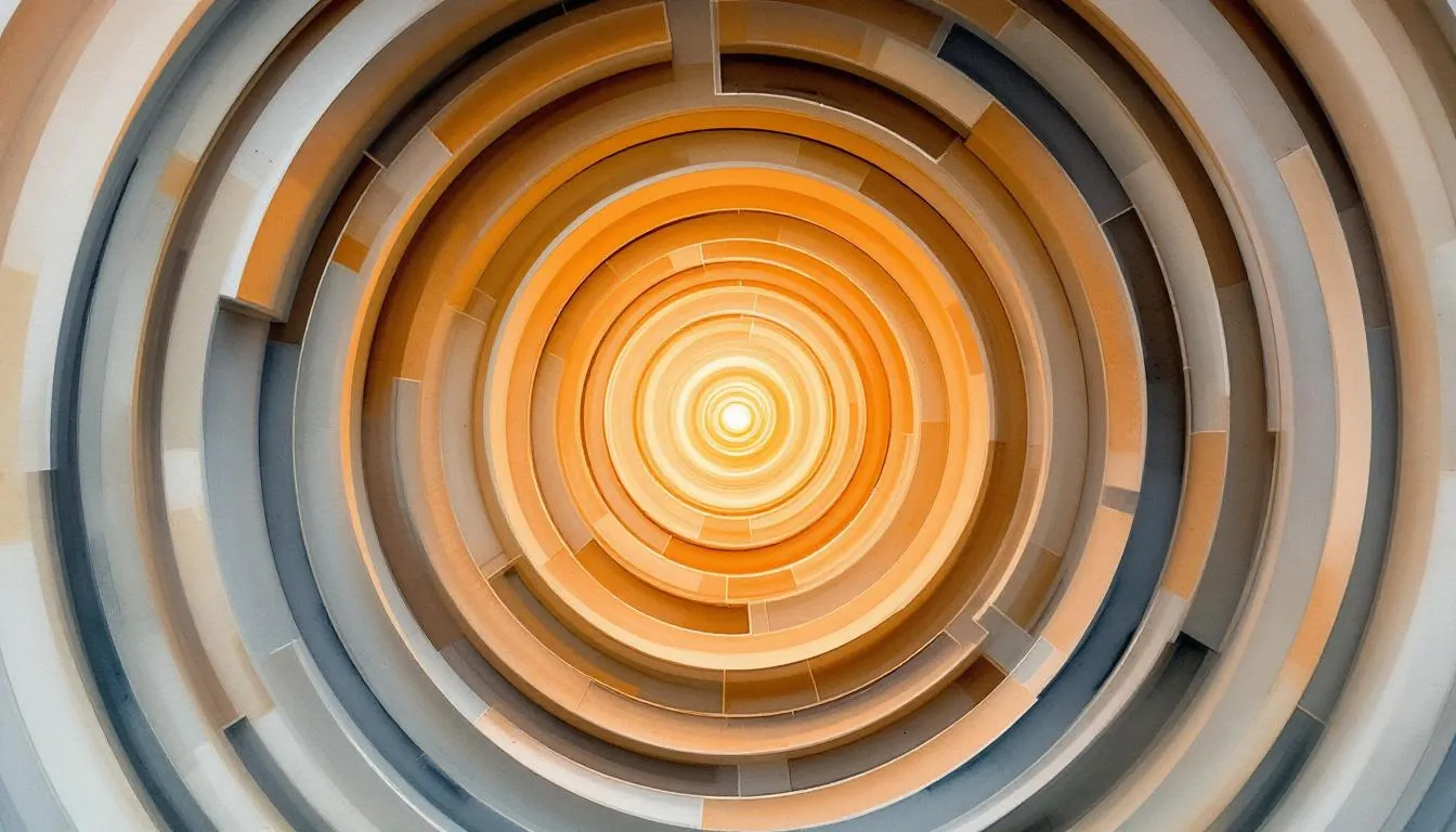Concentric architectural rings spiralling inward toward a glowing golden center
