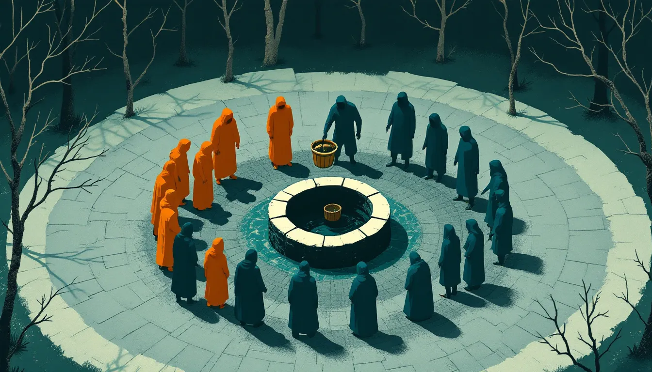 A woodcut illustration of a circular town square where ochre-clothed and slate-blue-clothed silhouette figures cluster separately but both reach toward the same central stone well