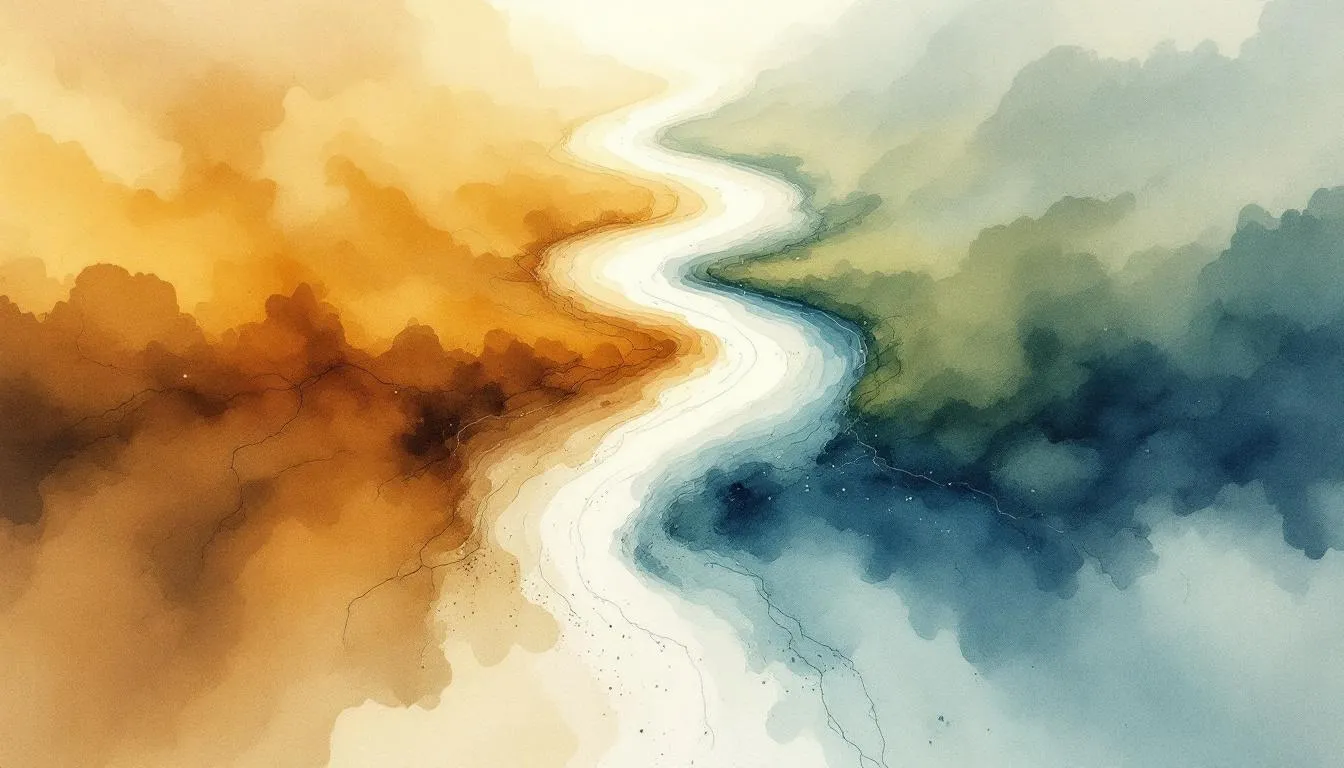 A soft watercolor river of white separates warm orange terrain from cool blue terrain