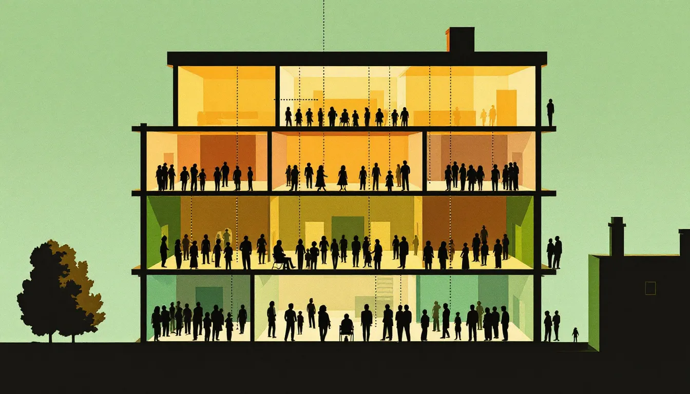 A risograph-style architectural cross-section of a multi-story building, each floor showing small silhouetted figures in different groupings connected by dotted accountability lines, with the topmost floor bathed in warm light and figures arranged in an equal circle
