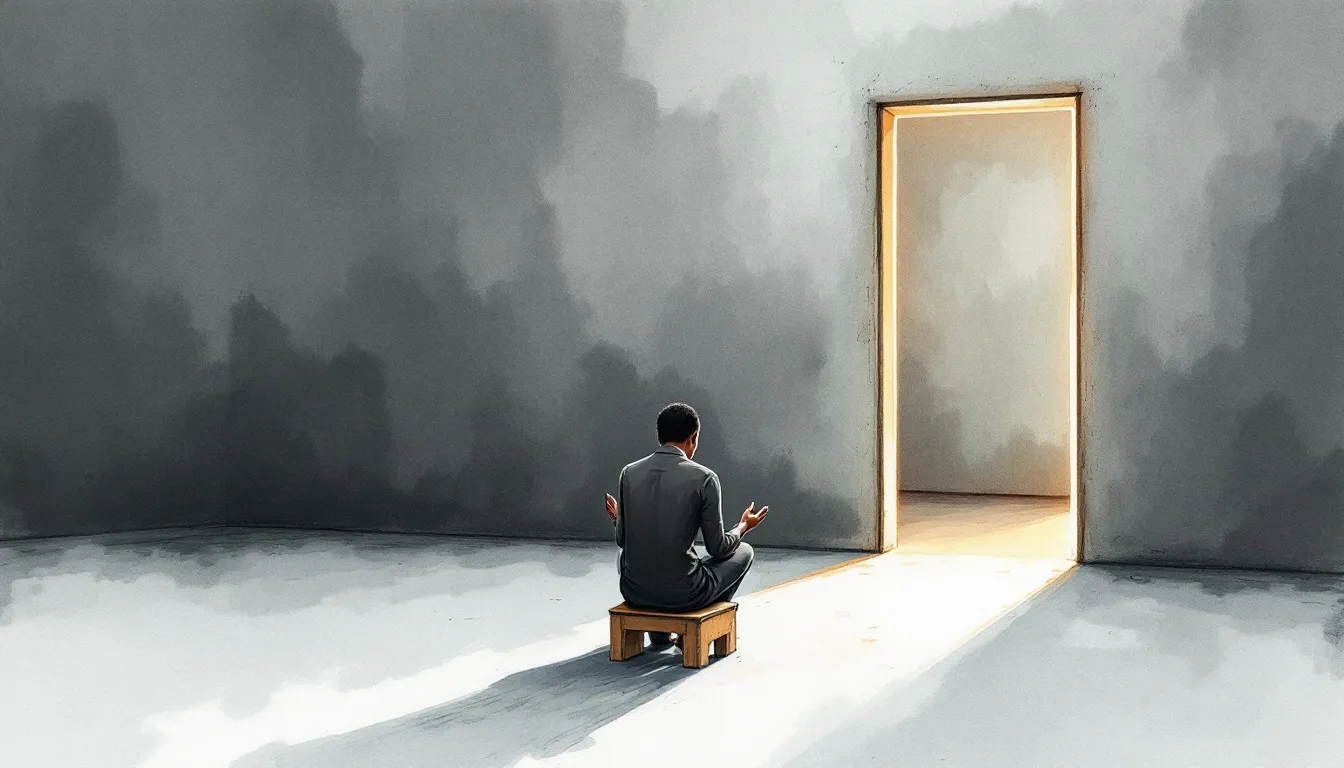 A person with medium-brown skin sits on a low stool in a dim sparse room, seen from behind, hands resting open on their knees, while a thin line of amber light glows under a distant door