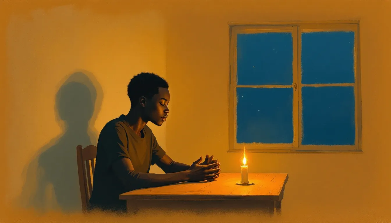 A figure with dark brown skin sits alone at a candlelit wooden table, hands open, face tilted downward in quiet reflection, a deep blue night window behind them