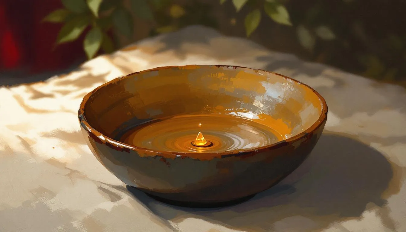 A single flame floats on water in a worn ceramic bowl in dappled sunlight