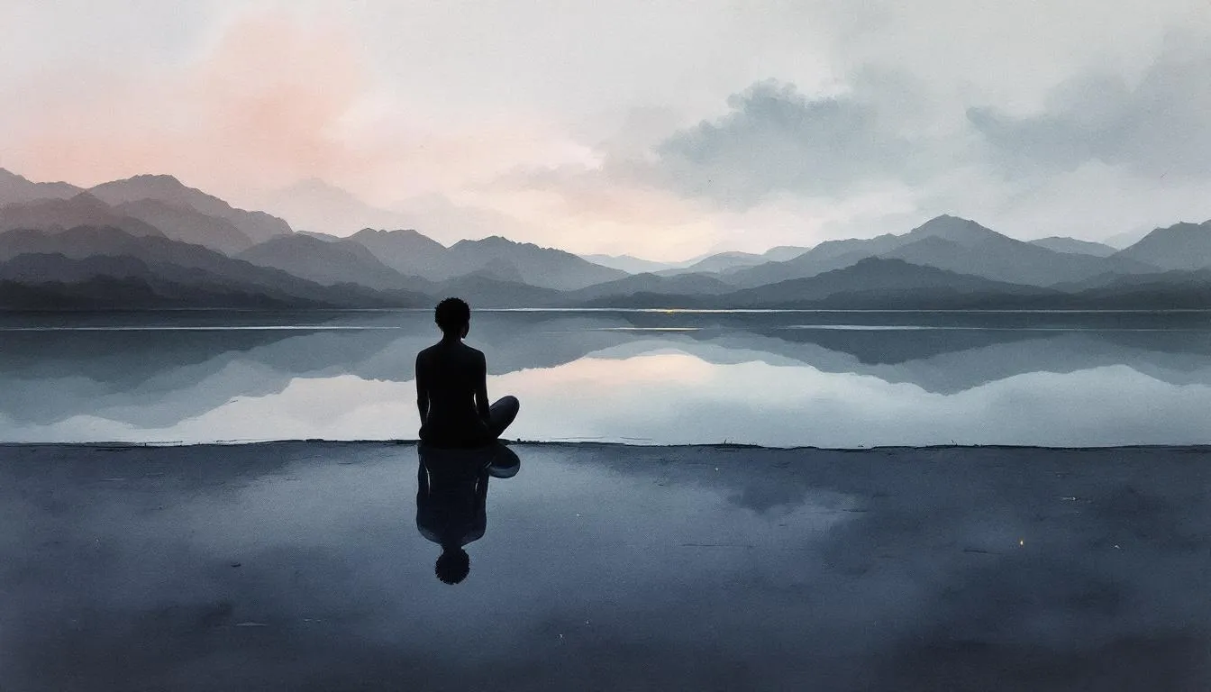 A person sits cross-legged at the still edge of a misty lake ringed by faint mountains