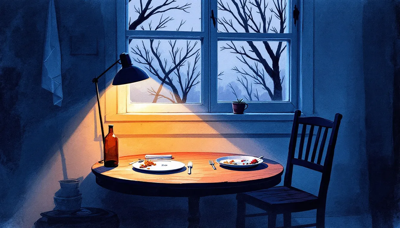 Charcoal-and-wash illustration of a kitchen table at dusk with two place settings, one used and one untouched, the empty chair sitting in blue shadow while warm lamplight falls on the occupied side