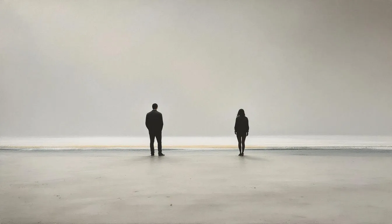 Two distant figures standing apart on a vast misty grey beach, facing away
