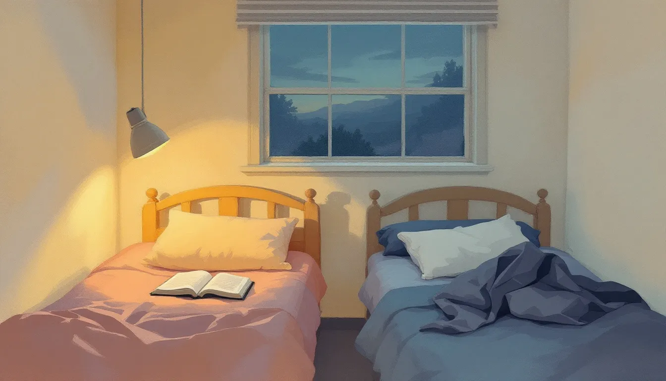 A gouache illustration of a childhood bedroom with two single beds side by side, one bathed in warm amber lamplight and the other in cool blue shadow, a dusk window above.