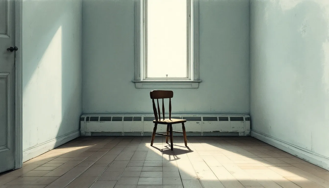 A small empty wooden child's chair in a bare room, pale winter light through a tall window, a dark-skinned child's hand resting on the chair back