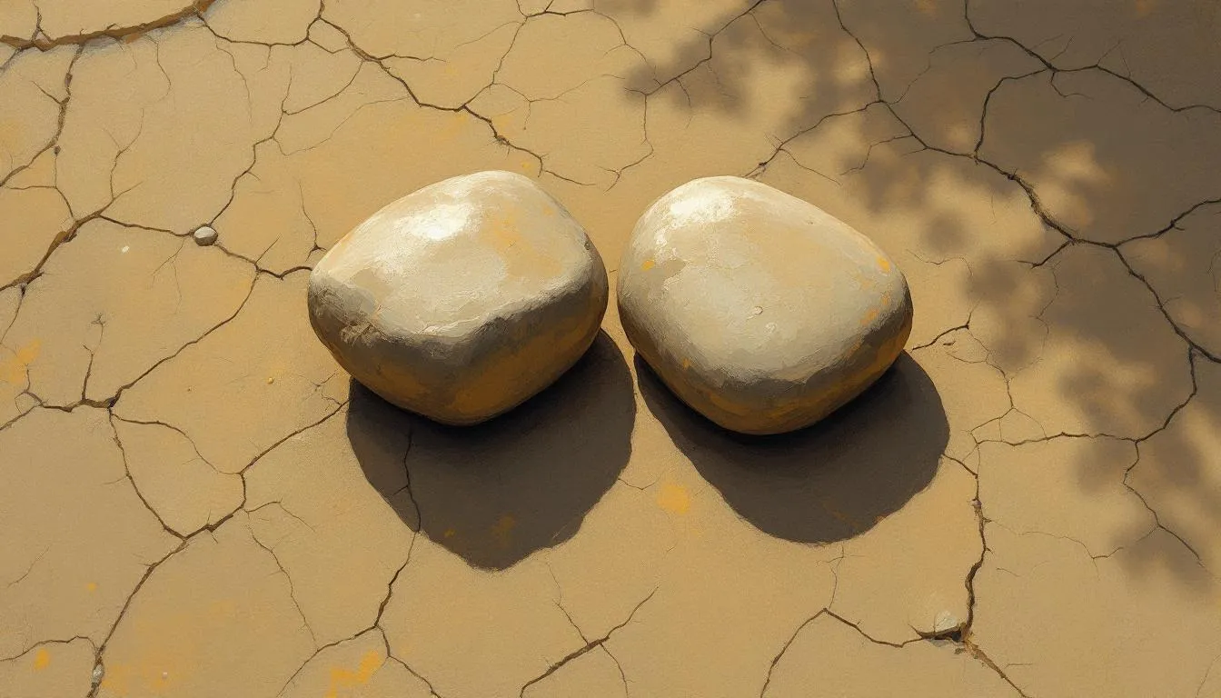 Two smooth pale stones resting side by side on cracked, sunlit clay ground